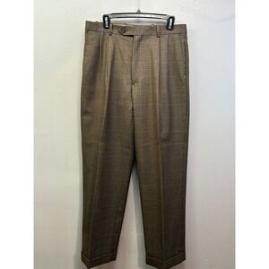 Sette Ponti Dress Pants Mens 33x30 Brown Glen Check Pleated Wool Cuffed Trousers